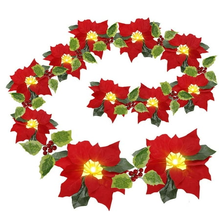 Pre Lit Battery Operated Garland Coolmade Pre-Lit Velvet Artificial Poinsettia 6 feet Garland with Red Berries and Holly Leaves - 2AA Battery Operated Indoor and Outdoor Use ()