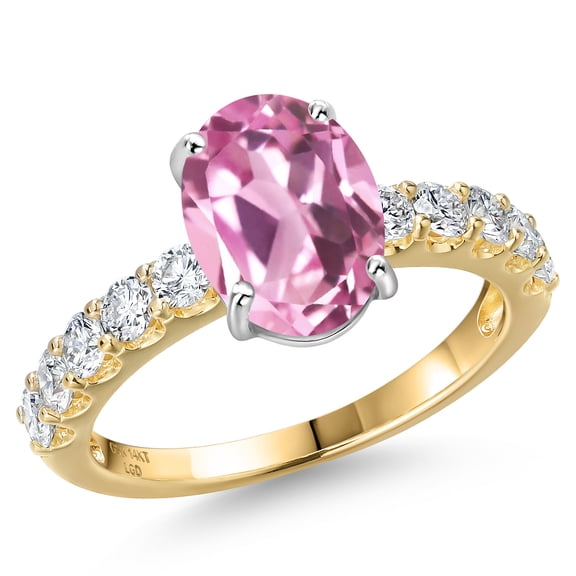 Gem Stone King 14K Two Tone Gold Light Pink Created Sapphire and Lab Grown Diamond Engagement Ring for Women | 3.65 Cttw | Oval 10X8MM | Gemstone September Birthstone | Size 8