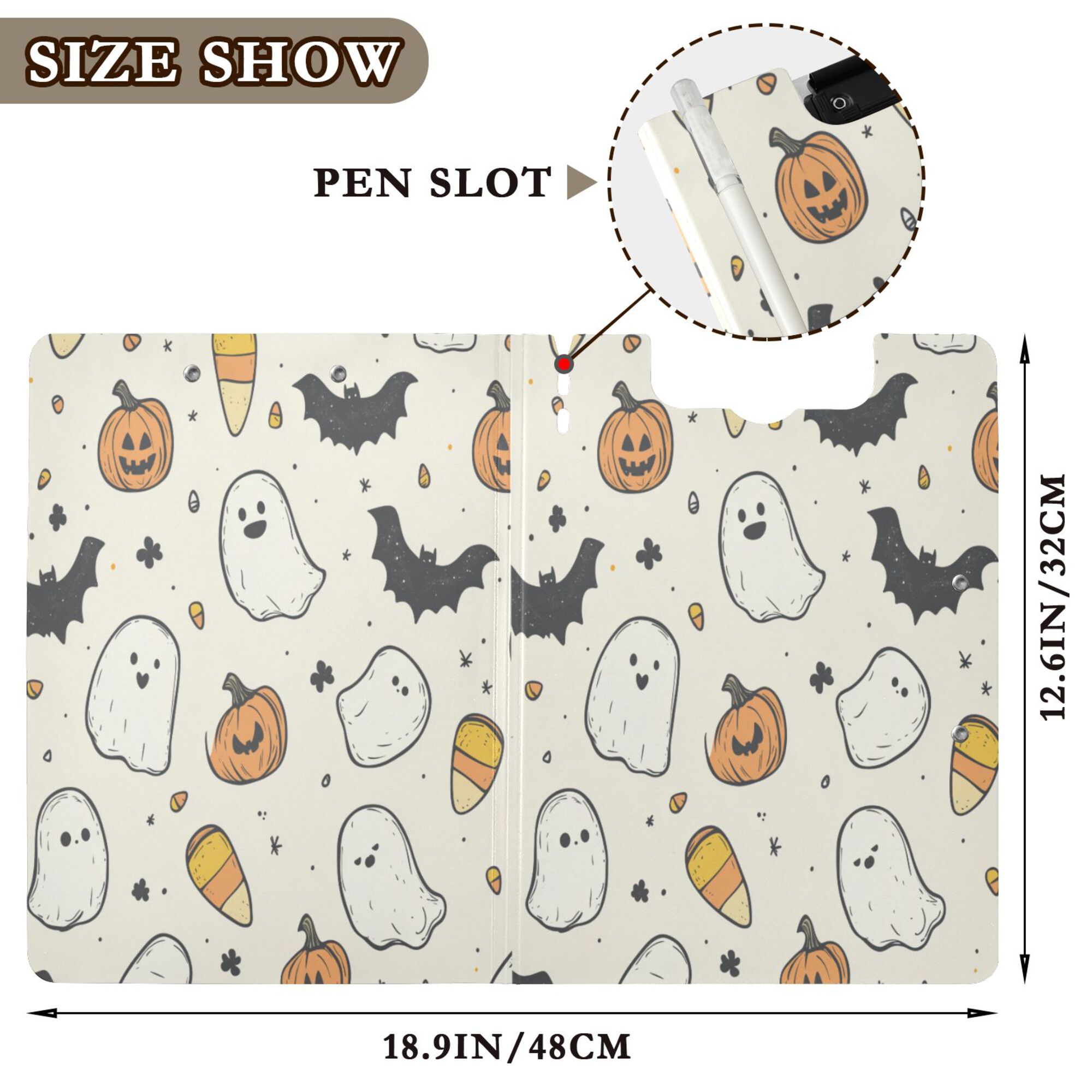 FORMRS A4 Clipboard Folder with Pen Holder Horizontal Foldable School Office Binder, Halloween Happy Ghosts