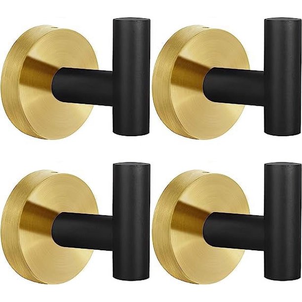 Namzi - Paquete de 4 ganchos para toallas y albornoces, ganchos de pared negros y dorados de acero inoxidable, resistentes, para puerta, toallas, albornoces, armarios, esponjas, ganchos para baño,
