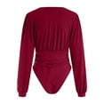 thumbnail image 6 of larppty Women's Sexy Ruched Deep V Neck Long Sleeve Bodysuit Plunging Neckline Leotard Shirts（Wine， M）, 6 of 9
