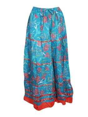 Mogul Women Blue Red Long Skirt A-Line Floral Print Cotton Summer Beach Wear Skirts S/M