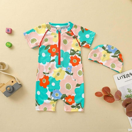 

CHGBMOK Summer Toddler Swimsuit Baby Boys Girls Flower Print Short-Sleeved One-Piece Swimsuit Hat Set