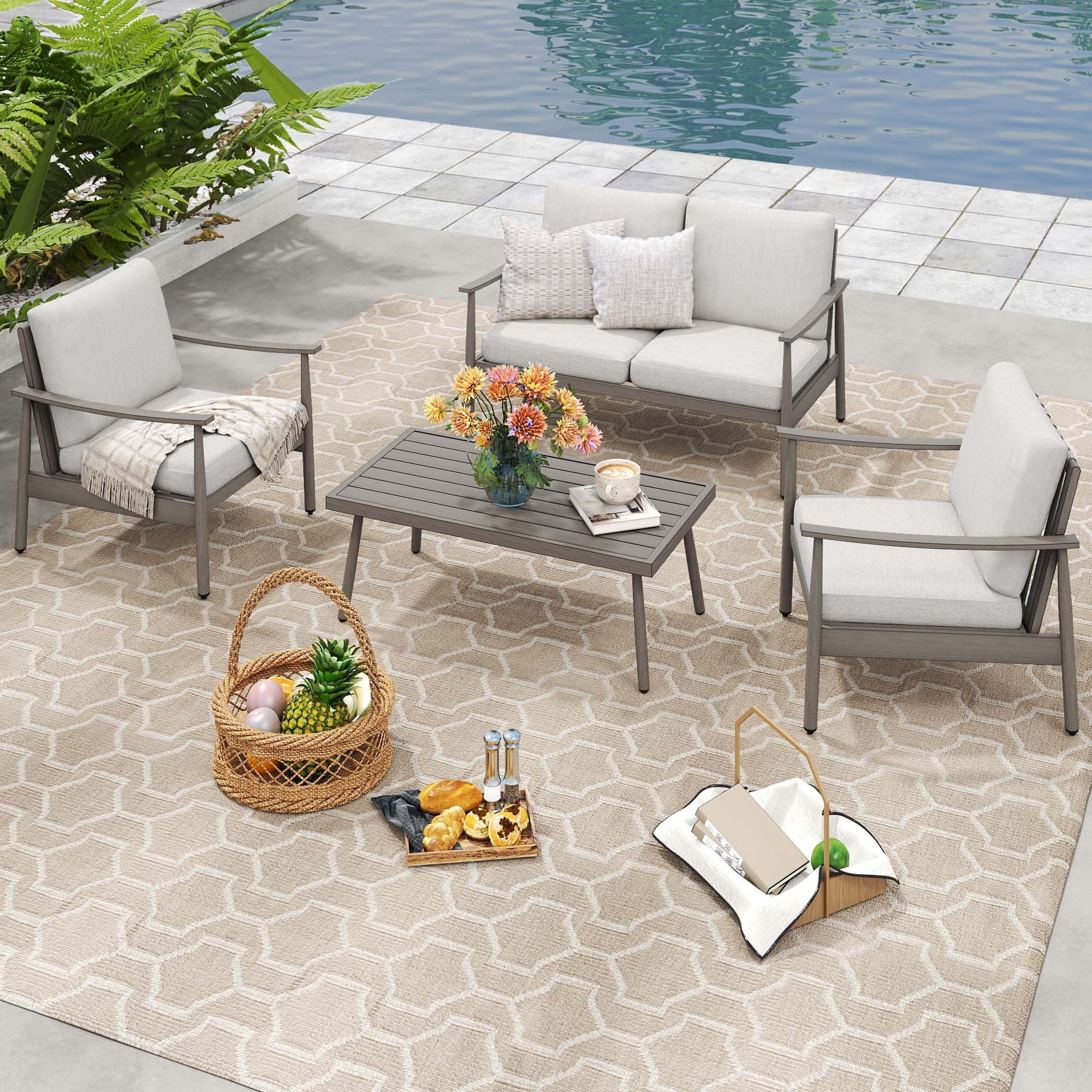 Patio Furniture Aluminum Loveseat Outdoor 2 Seats Sofa Couch with Cushion and Rope Backrest
