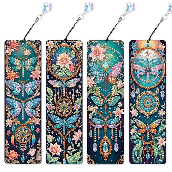 4pcs Diamond Painting Kit Bookmarks, Dreamcatcher Dragonfly Exquisite Universal DIY Bookmarks, Lightweight and Durable for Reading Lovers