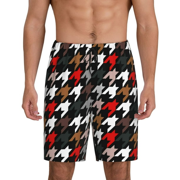 Balery Houndstooth Green Red Pantalones cortos de pijama de punto de algodón para hombre con cinturilla y bolsillos-XX-Large