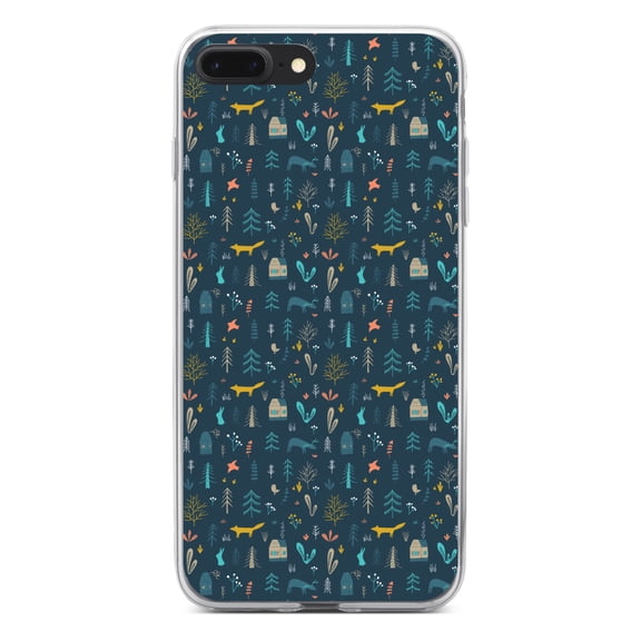 DistinctInk Clear Shockproof Hybrid Case for iPhone 7 PLUS / 8 PLUS (5.5" Screen) - TPU Bumper, Acrylic Back, Tempered Glass Screen Protector - Modern Floral - Navy - House, Deer, Tree