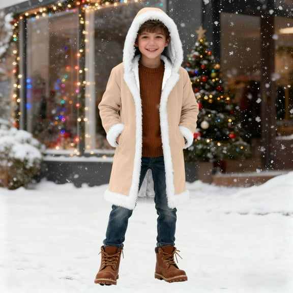 Tdoqot Boys Winter Coats Sherpa Lined- Thick Casual Warm Cardigan Kids Hooded Long Jacket Beige Size 5-14