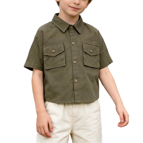 OGLCCG Boys Short Sleeve Cargo Shirts Classic Collared Button-Down Tshirt Solid Color Cotton Shirt with Chest Pocket for Toddler 1-7 Years
