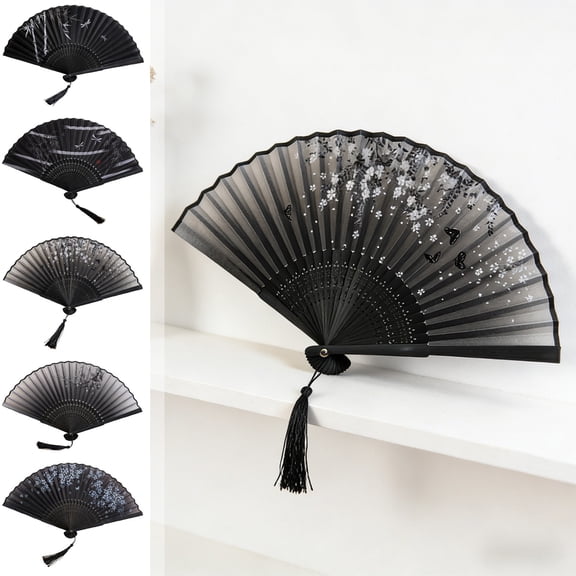 EDhome Portable Silk Cloth Folding Fan, Sturdy Bamboo Frame Antique Style Fan with Tassel, Unique Gifts Decorative Hand Fan for Stage Wedding Home Use, C