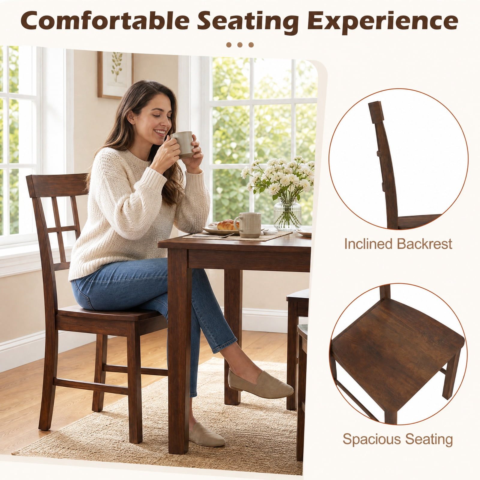 Furnibear Rubber Wood Dining Chairs Set of 2 with High Lattice Backrests for Dining Room Kitchen Study and Reception Room, Brown