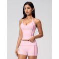 thumbnail image 5 of IBTOM CASTLE 2 Piece Workout Sets for Women Shorts Yoga Pilates Outfits Striped Backless Halter Padded Tank Top With High Waist Fold-over Biker Shorts Pink, 5 of 7