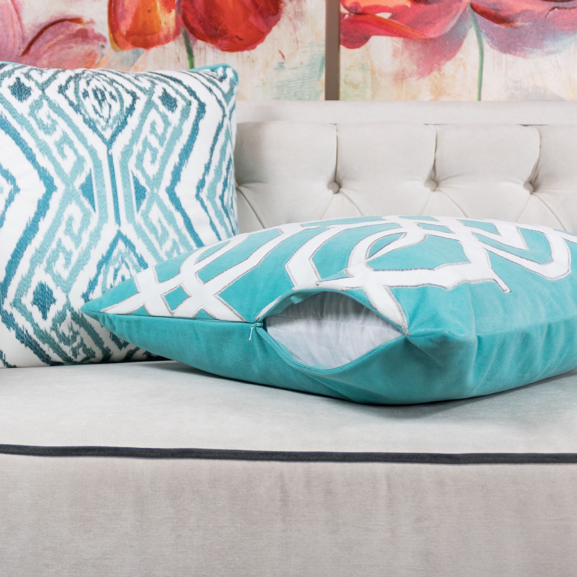 Nandini Turquoise Abstract Polyester 20 in. x 20 in. Throw Pillow (Set of 2)