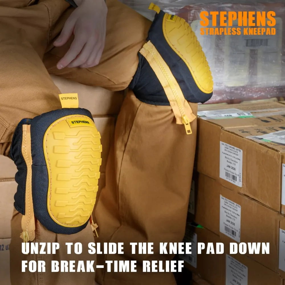 Stephens Strapless Kneepads for Construction - Heavy Duty Soft Cap Design for Work | Safety Work Gear | Flooring | Roofing | Gardening | Protective Equipment-Non-Slip Strapless-Caution Yellow