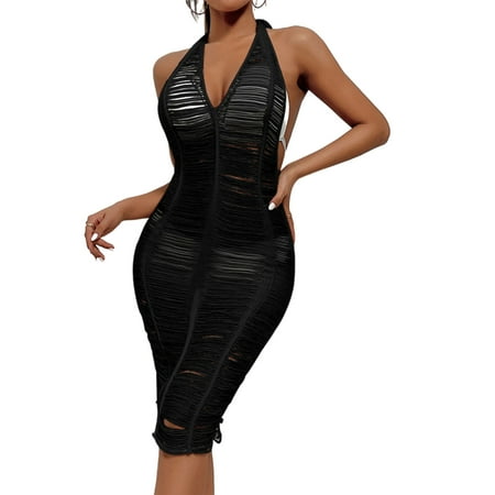 Jesscasday Women Sexy Crochet Bikini Cover Up Halter V-Neck Backless Hollow Out Beach Dress