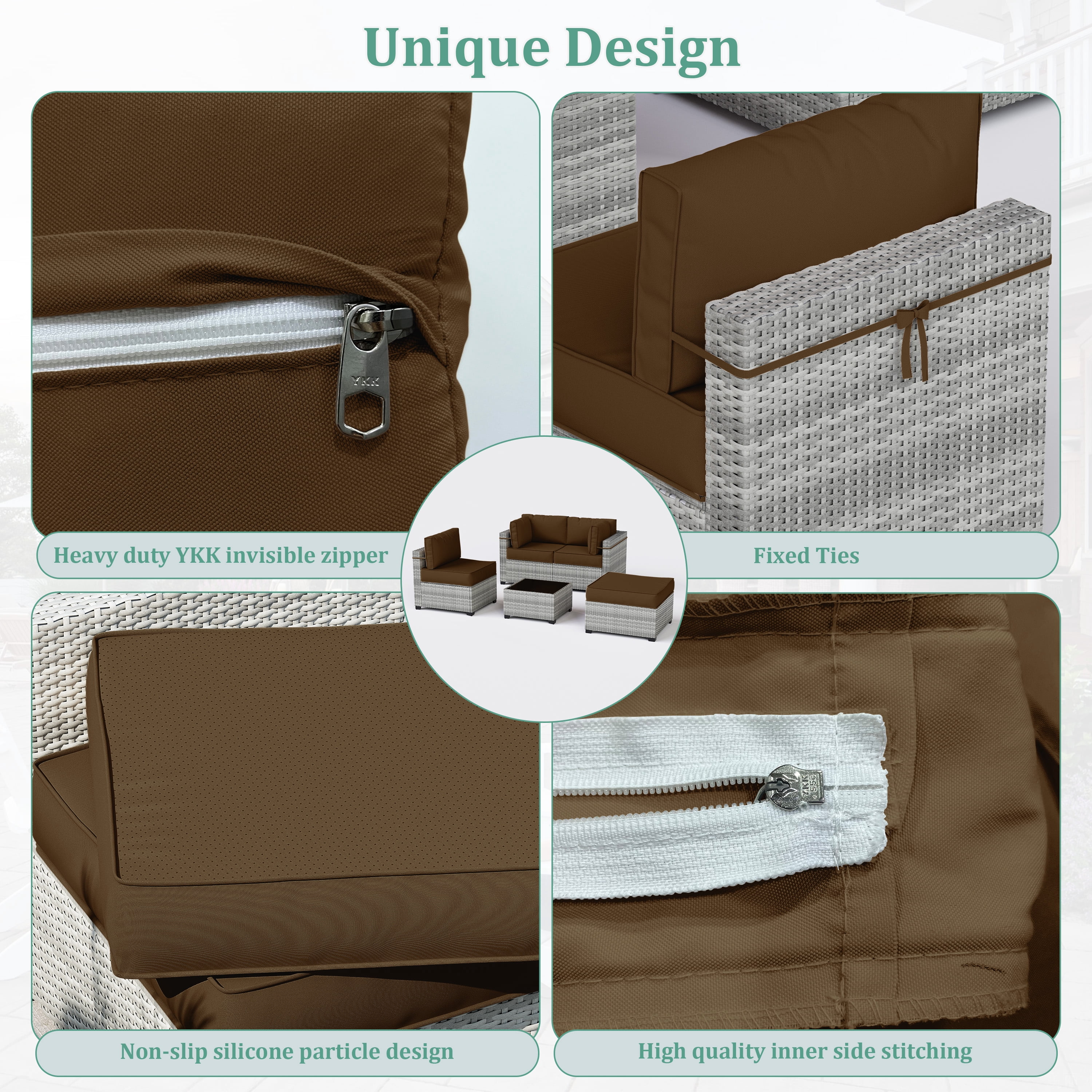 Snubbull Patio Furniture Cushions, Replacement Outdoor Cushions for 4-Seat Sectional Sofa,Waterproof & Zipped, Chocolate