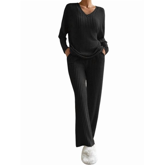 Womens Ribbed Knit 2 Piece Sets Long Sleeve Sweater and Wide Leg Pants Loungewear Pajamas Set Black XL