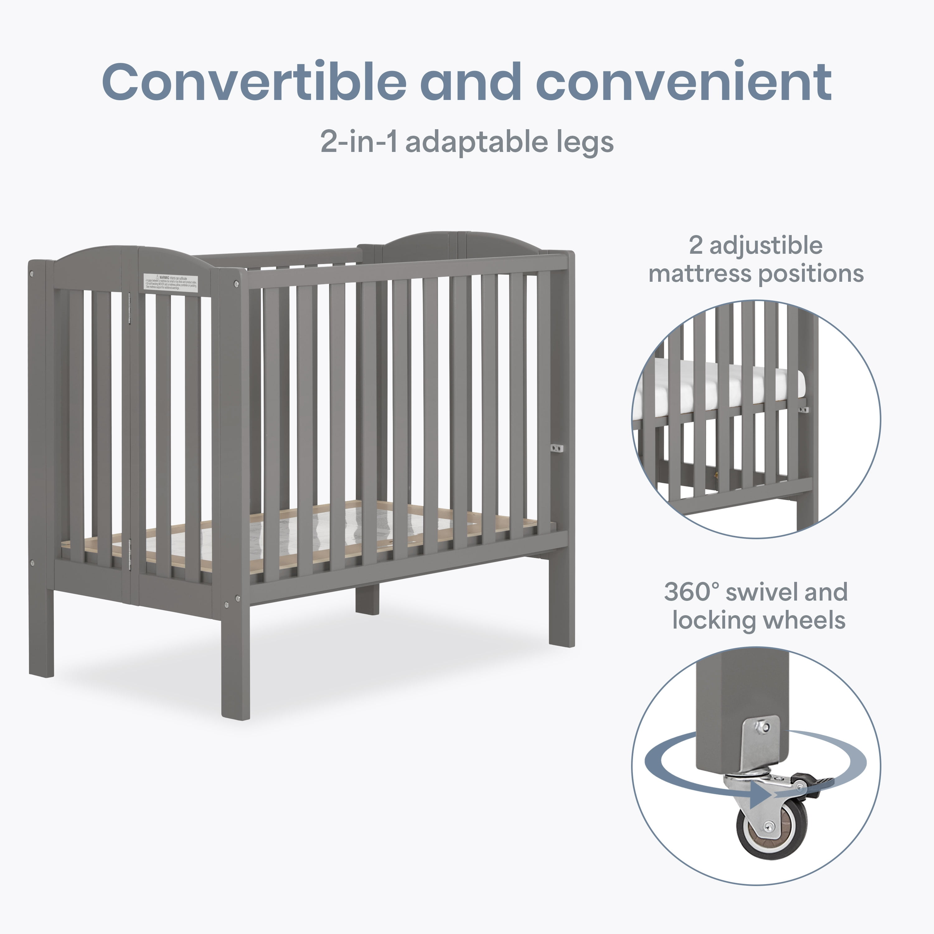 Dream On Me 2-in-1 Folding Portable Mini Crib in Storm Grey, Mattress Pad Included, Easy to Fold and Store Baby Crib, Two Adjustable Mattress Height positions Convertible Crib