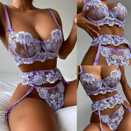 

WGOUP Women s Sexy Flower Embroidery Lace Hollow See-through Underwear Three-piece Suit Purple(Buy 2 Get 1 Free)