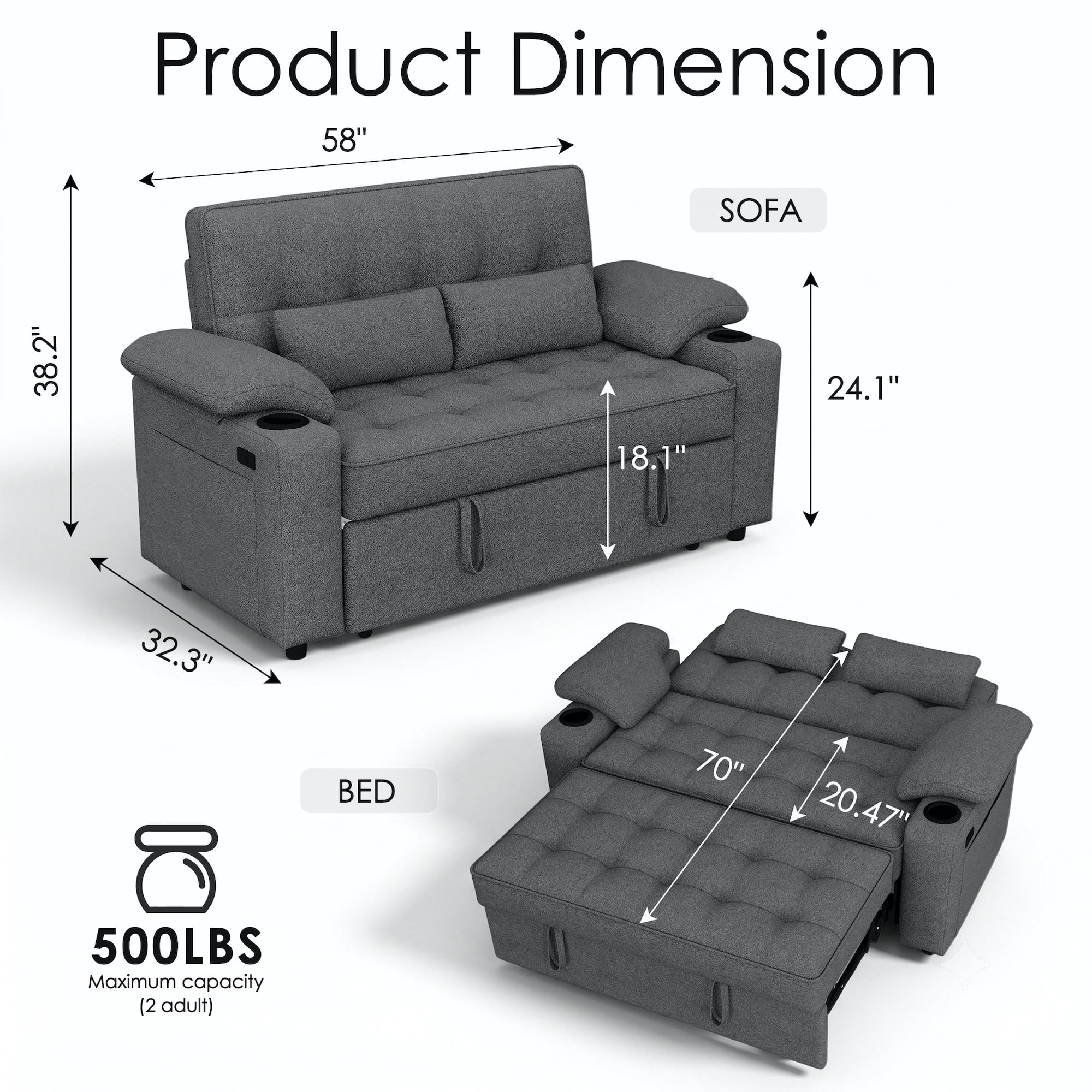 58" Sleeper Sofa Bed, Full Size Pull Out Couch, Towel Fabric Convertible Loveseat with USB Charging, Cup Holders, Adjustable Backrest & Side Pockets for Living Room, Apartment, Office (Dark Gray)