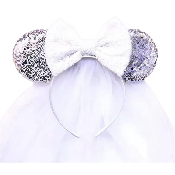Mouse Ears Silver Bride Flower Headband, Sequin Bows Flower Headwear Hair Accessories for Women Girls Princess Party
