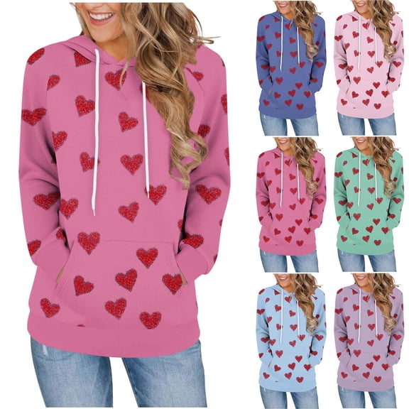 AnuYalue Women's Cute Hearts Hoodie Fashion Long Sleeve Hoodies Trendy Funny Hooded Tops Loose Pullover Sweaters