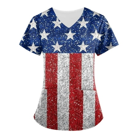 

Sksloeg Scrub Tops Women Design 4th Of July American Flag Print Patriotic Top Short Sleeve V-Neck Shirts Tee Tops with Pockets Nursing Working Uniform Blue L