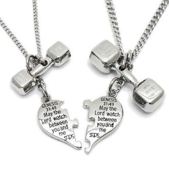 Stainless Steel Puzzle Split Heart & Dumbbell Necklace-Genesis, Phil. & Luke by Shields of Strength