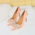 thumbnail image 5 of Zapatos de tacón puntiagudos de satén para mujer, de moda, para banquetes, con boca poco profunda, puntiagudos, con lazo de diamante, tacones altos clásicos, 5 of 5