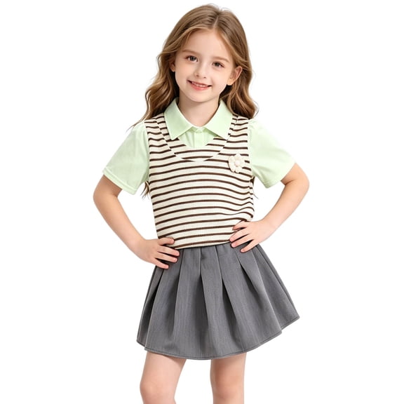 Yutgune Girls Summer Striped Short Sleeve Shirt & Pleated Skirt 2 Piece Set, Preppy School Uniform Style, Sizes 80-120