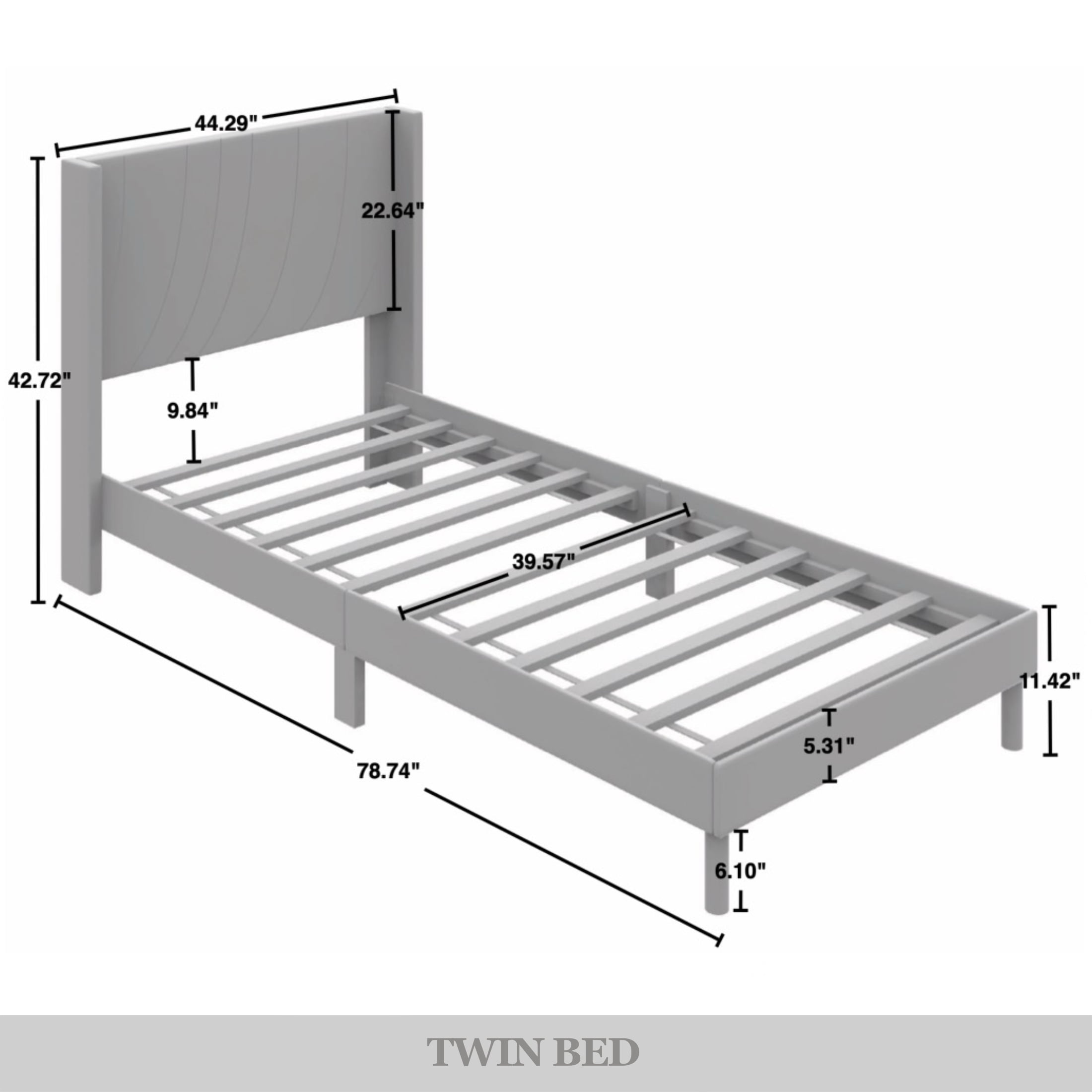 Castle Place Sleek Contemporary Velvet Upholstered Twin Platform Bed, Light Grey
