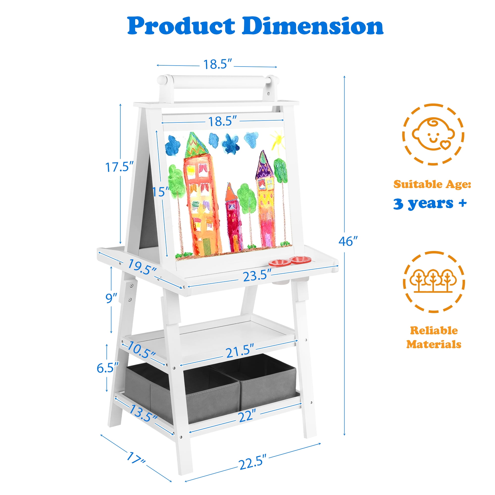 AILEEKISS 3 in 1 Kids Art Easel Double-Sided Magnetic Whiteboard Chalkboard with Paper Roller, White