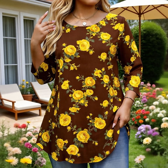 Craaazy Women's Plus Size Floral Print 3/4 Sleeve Crewneck T-Shirt - Casual Curved Hem Top Comfort & Style for Everyday Wear Gifts