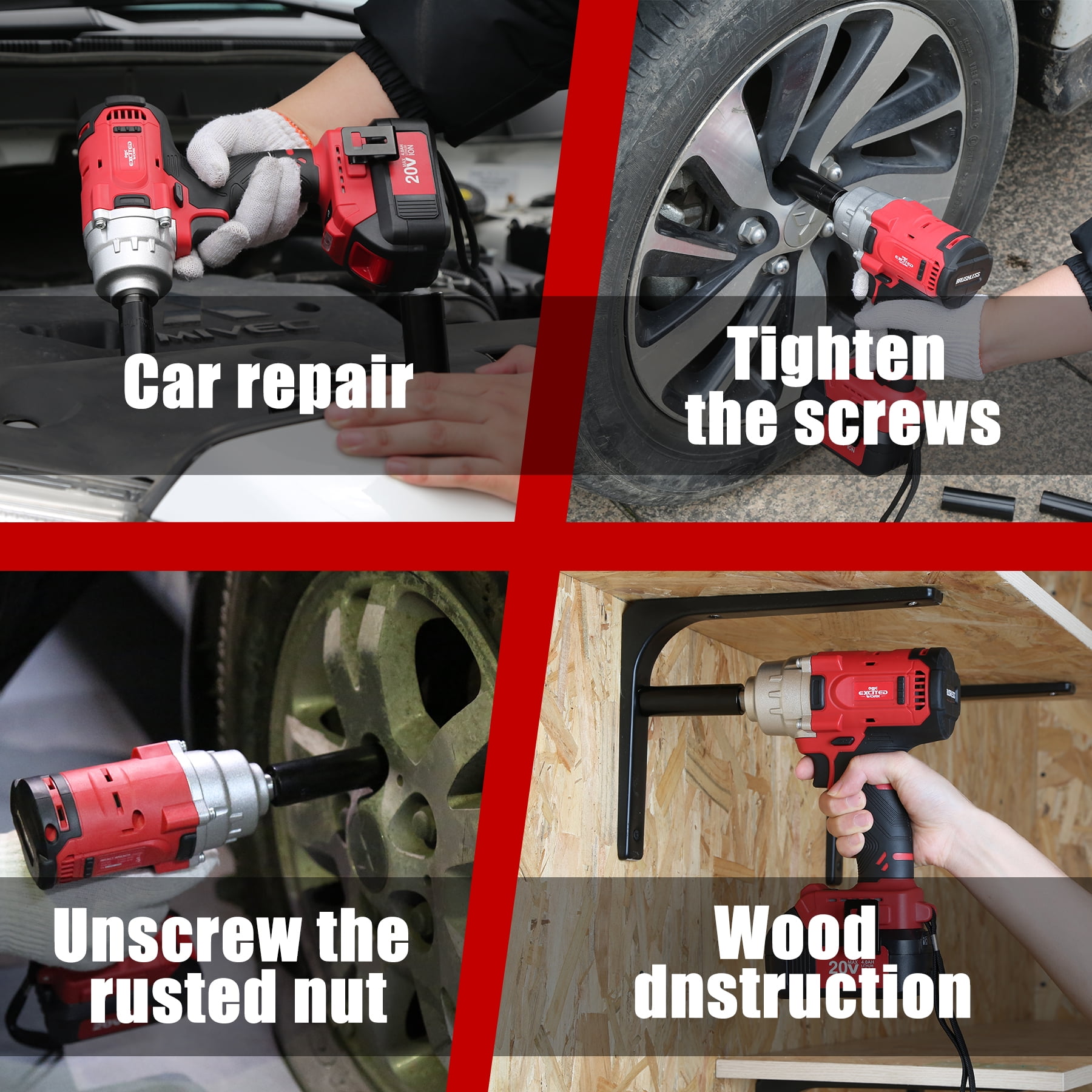 EXCITED WORK 20V MAX Brushless High Torque Impact Wrench 370ft.lbs 500Nm Cordless Impact Gun Outdoor Auto Tire Repair Power Tool