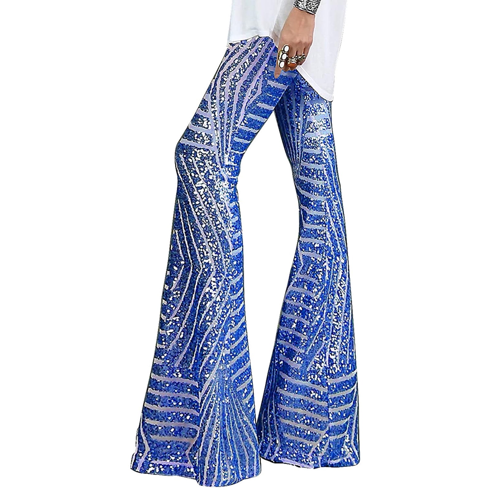 Womens High Waist Sequin Sparkle Flared 