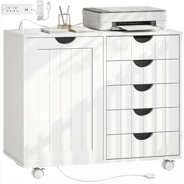HOMCOM Mobile File Cabinet with 5 Drawers Printer Stand with USB Port White