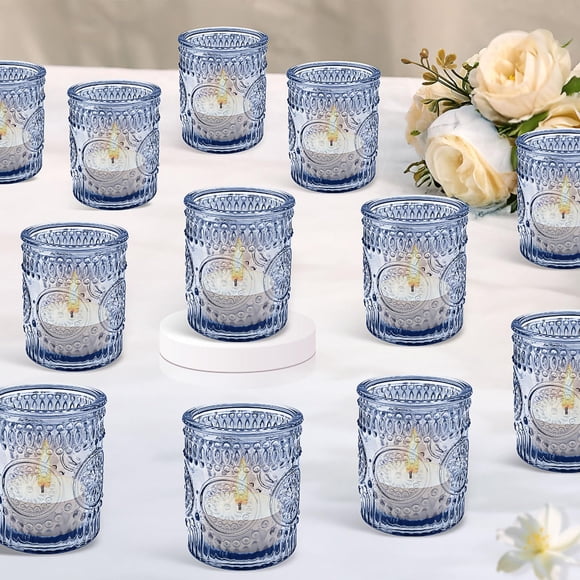 24 Pcs Votive Candle Holders Bulk, Bule Glass Tealight Candle Holders Vintage Boho Tea Lights Holder for Christmas Bridal Shower Wedding Centerpiece, Living Room Home Party Table Decor