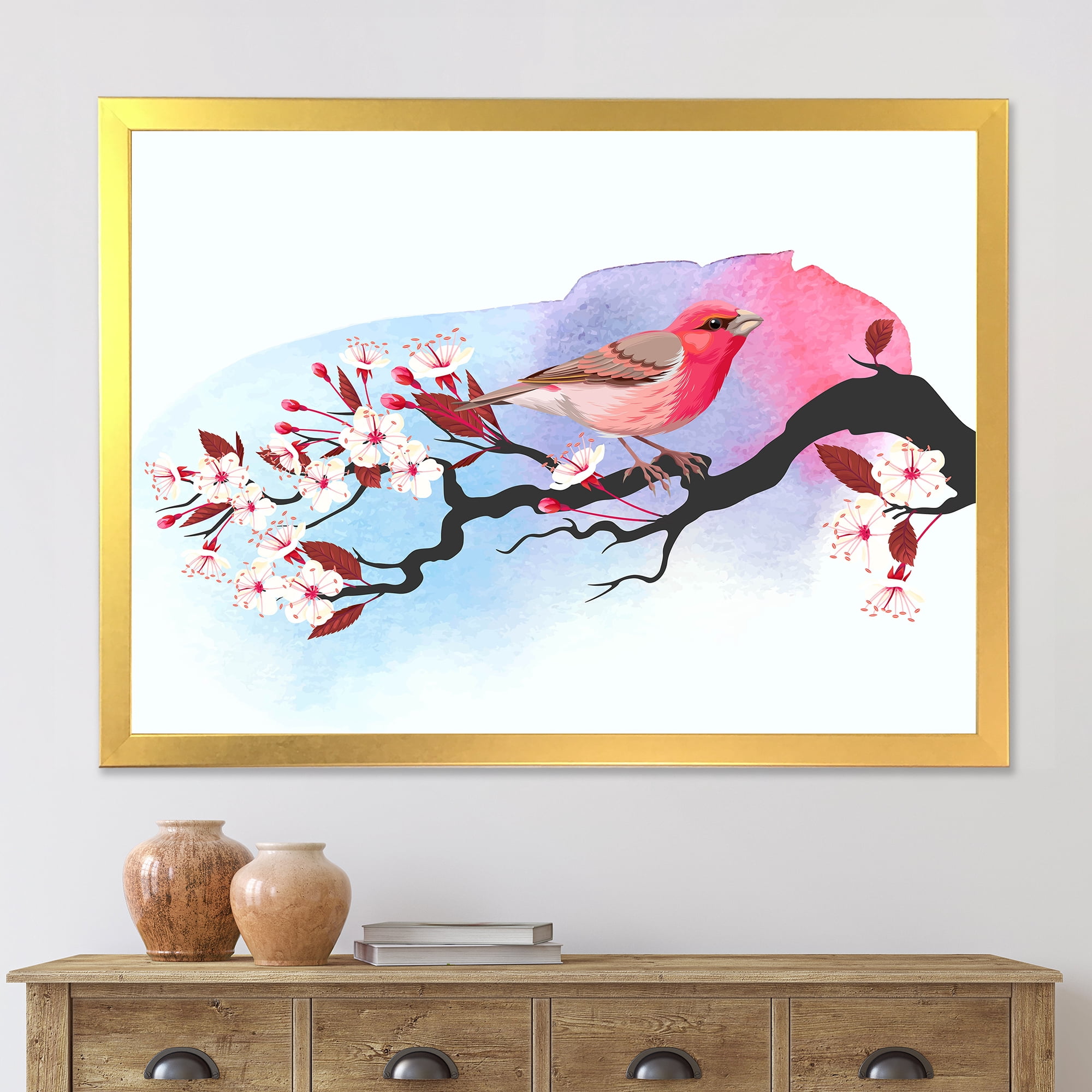 Designart 'Pink Bird Sitting On Cherry Branch' Traditional Framed Art Print