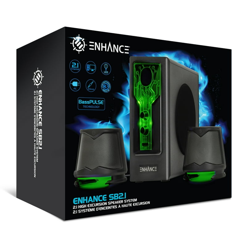  ENHANCE SB 2.1 Computer Speakers with Subwoofer - Green LED  Gaming Speakers, Computer Speaker System, AC Powered & 3.5mm, Volume and  Bass Control, Compatible with Gaming PC, Desktop, Laptop : Electronics