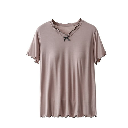 Lovskoo 2024 Women s Modal Built-In Bra Padded Active Short Sleeves Blouse Plain Casual Trendy Ruffled Hem Round-Neck Regular Sleepwear Tops Coffee L