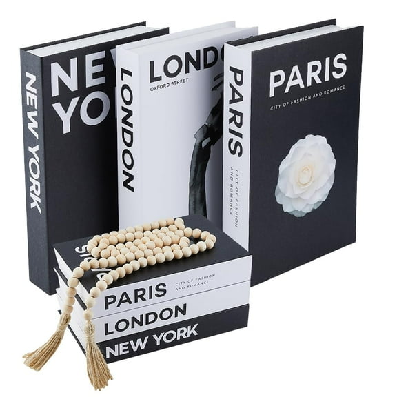 3Pcs Decorative Books for Home Decor Coffee Table Books Book for Decoration Stacked Book with 1Pc Wood Beaded Pendant（London/Paris/New York）