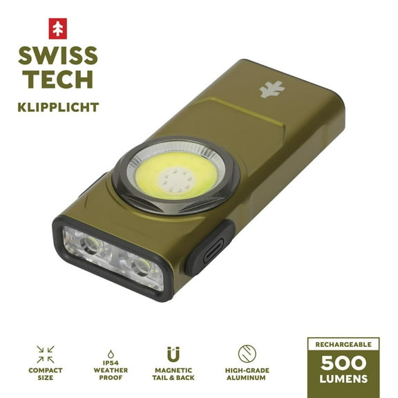 Swiss Tech Olive Green 500 Lumen Rechargeable EDC Clip Work Light