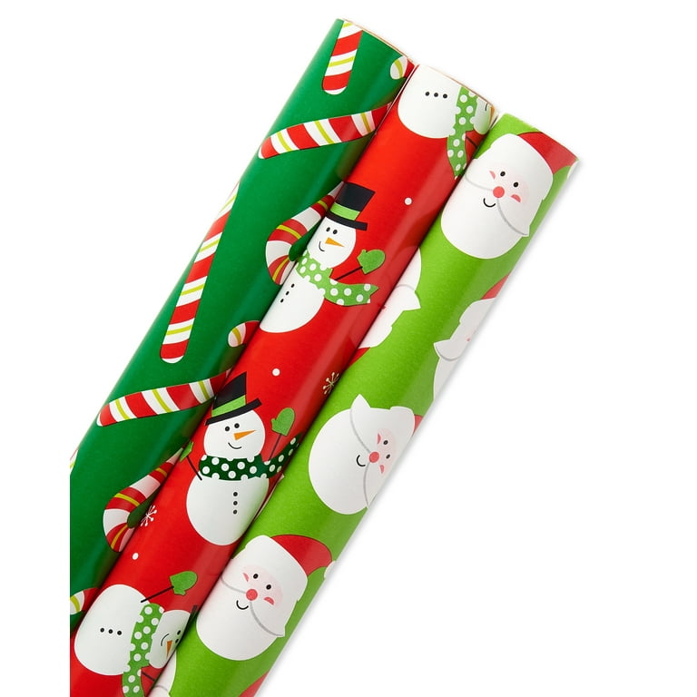 American Greetings Christmas Extra-Wide Reversible Wrapping Paper, Santa,  Snowmen and Candy Canes, 3-Roll, 40, 120 Total Sq. Ft. 