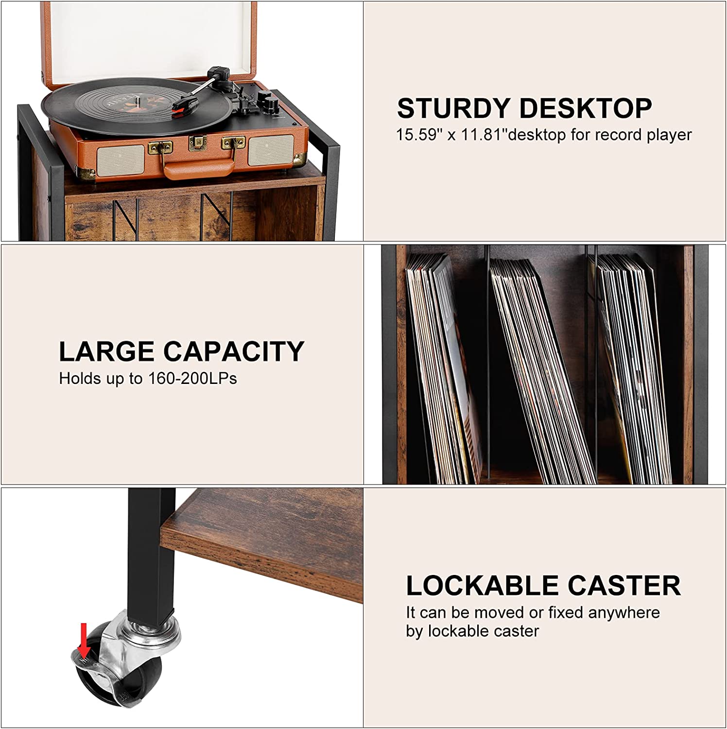 Record Player Stand End Table with Vinyl Record Storage Holder, Brown
