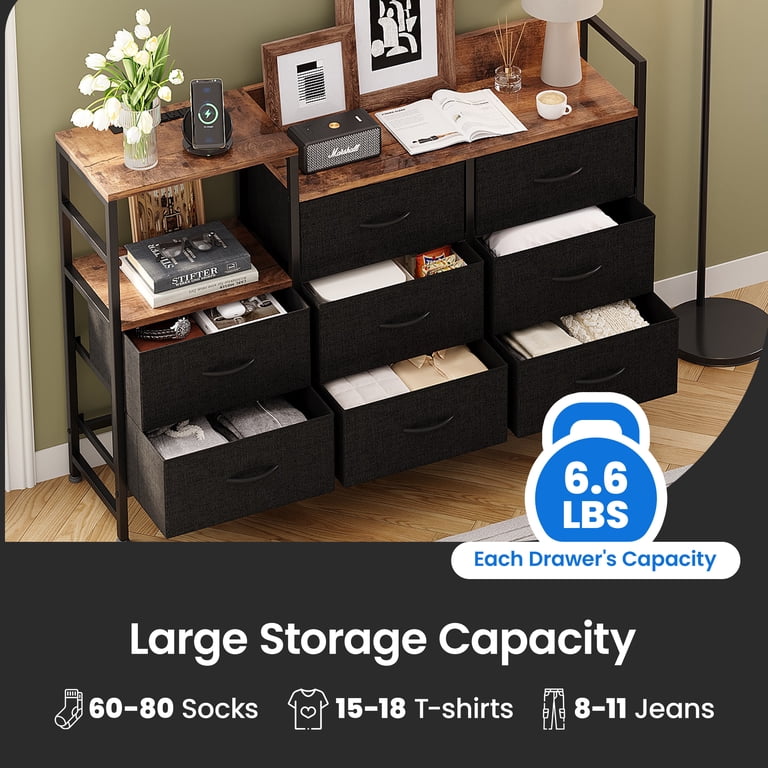 Joqixon 8-Drawer Dresser with Built-in Power Outlet, Wooden Shelves for  Bedroom Storage Organization - Non-Woven Fabric Design