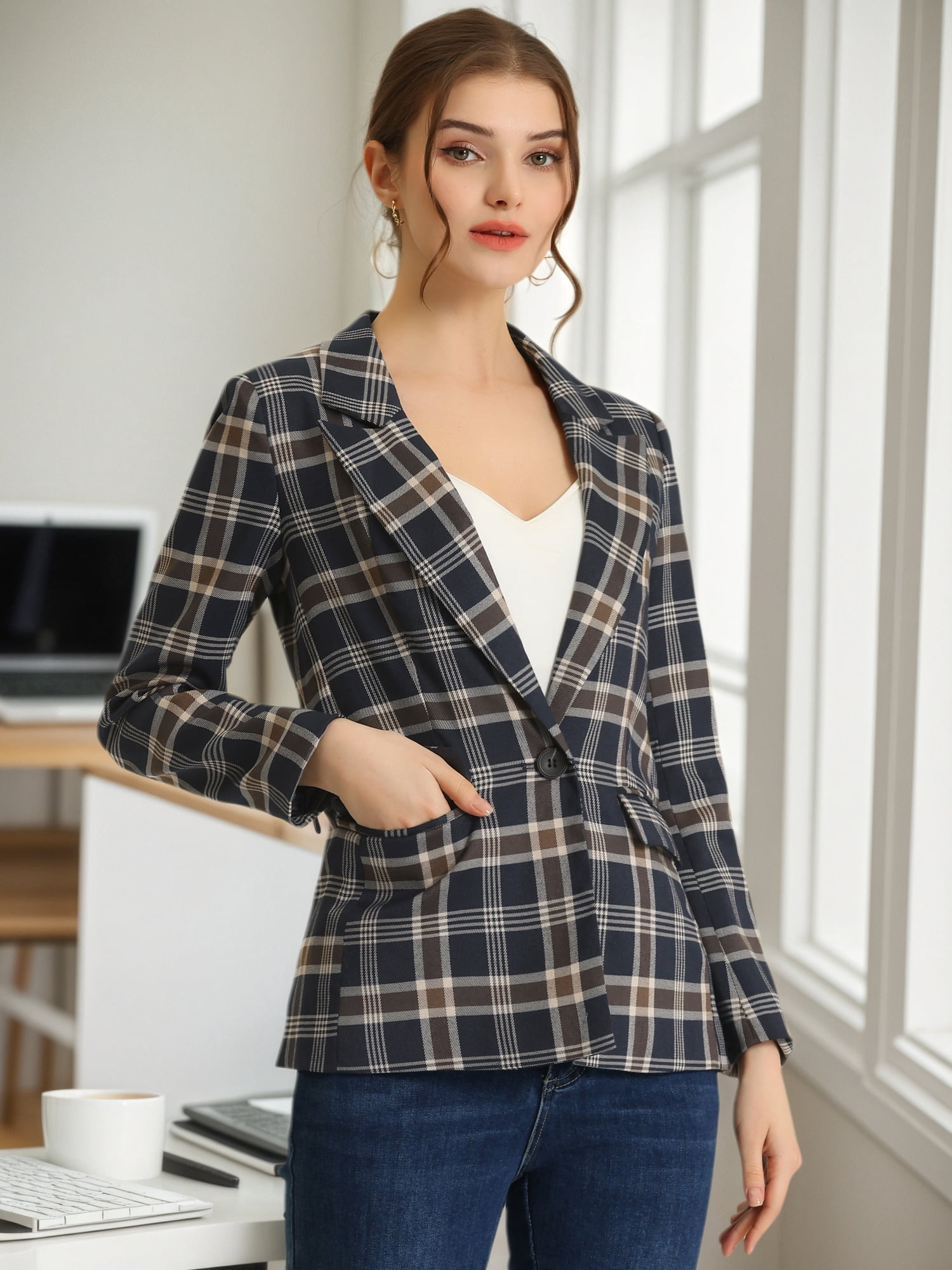 DARING DIVA Women's Plaid Notched Lapel Blazer XS Dark Blue