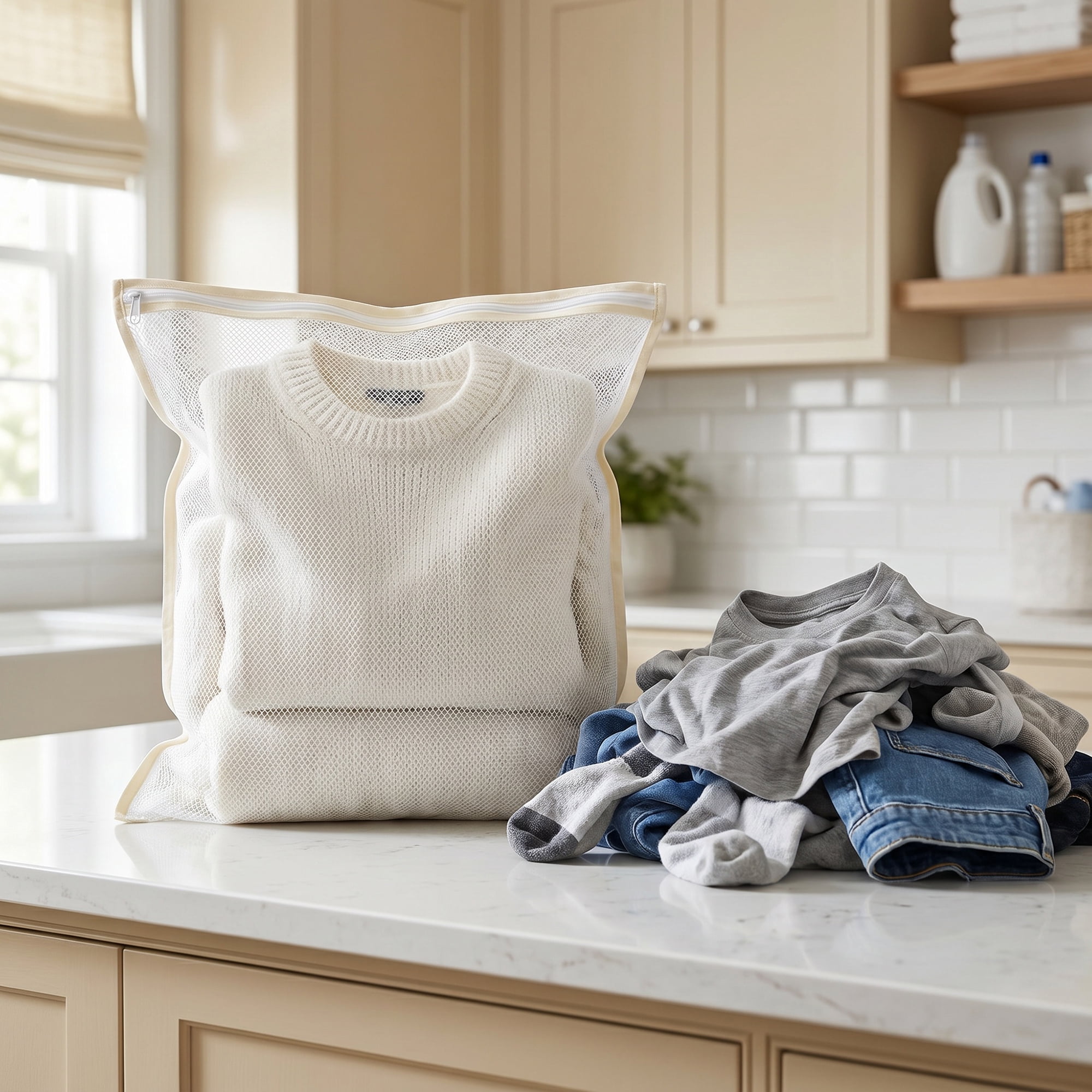 Unique Bargains 3Pcs Polyester Mesh Laundry Bags with Zipper Closure White B
