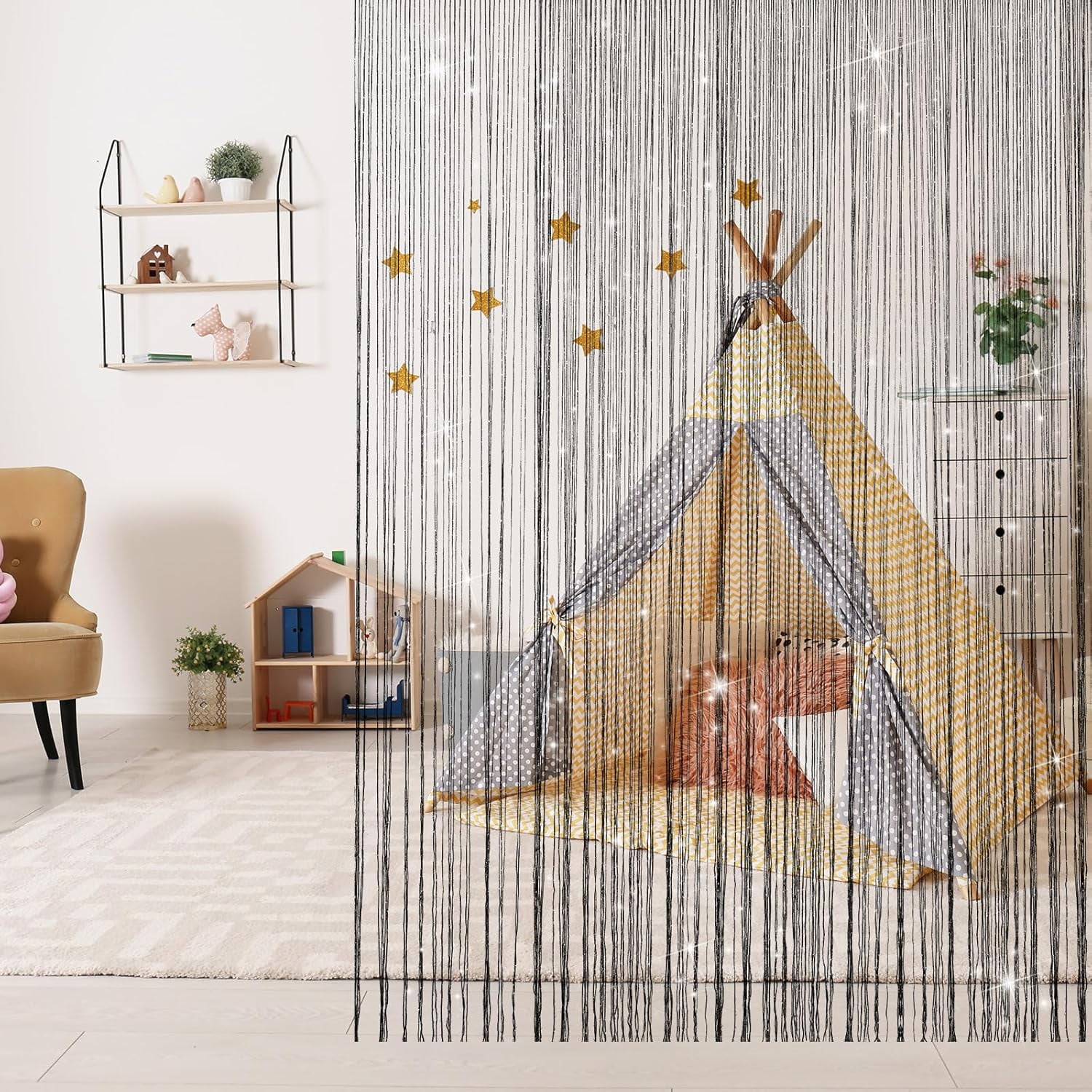 4 Pieces Glitter String Curtains Doorway Beads Curtains, 39 x 79 Inch Hanging Fringe Hippie Room Divider Door String Curtain Boho Doors Tassel for Doorways, Windows, Closet, Privacy Decor (Black)
