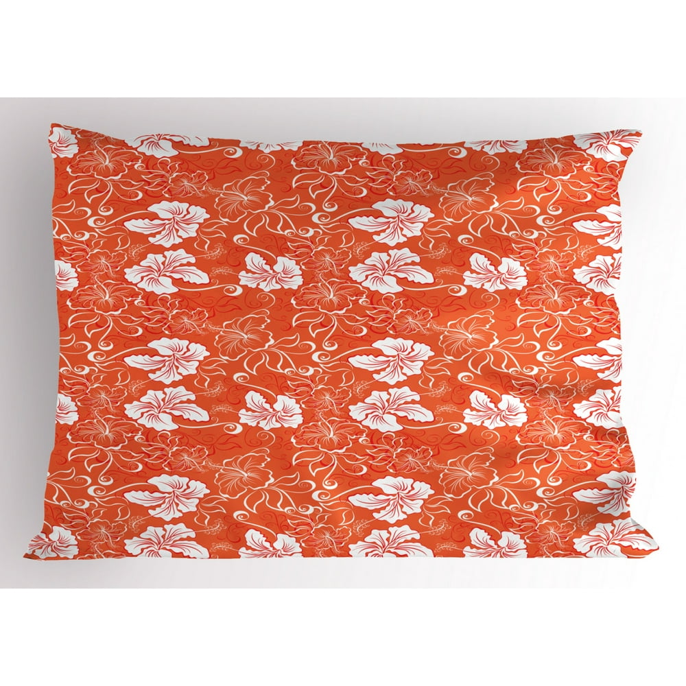 Orange Pillow Sham Hawaiian Pattern with Tropical Climate Hibiscus
