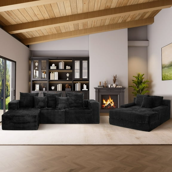 Garaneeds Sectional Sofa with Oversized Lounge Chair Modular Cloud Couch Deep Seat Sofa for Living Room, Black
